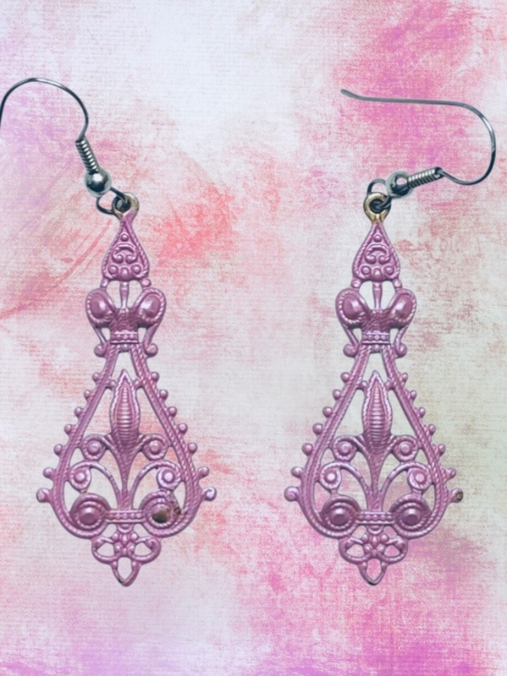 Vintage Pink Filigree Chandelier Earrings Boho Victorian Dangle Drops